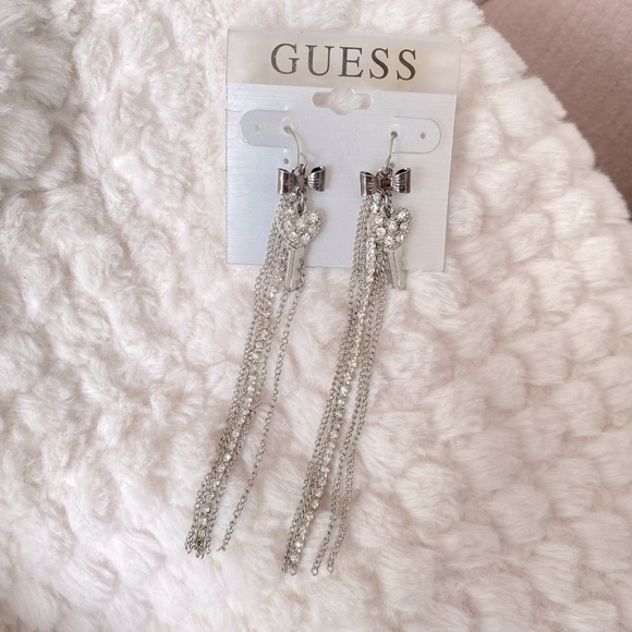 Guess Silver Tone Long Tassel Bow Drop Earrings NWT - Picture 6 of 6